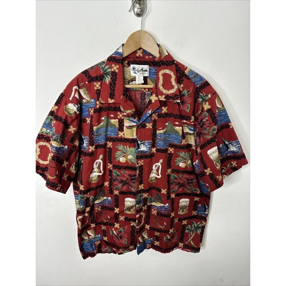 Hawaiian Aloha Shirt Howie Red Humpback Whale Palm Made in Hawaii‎ Men's XL